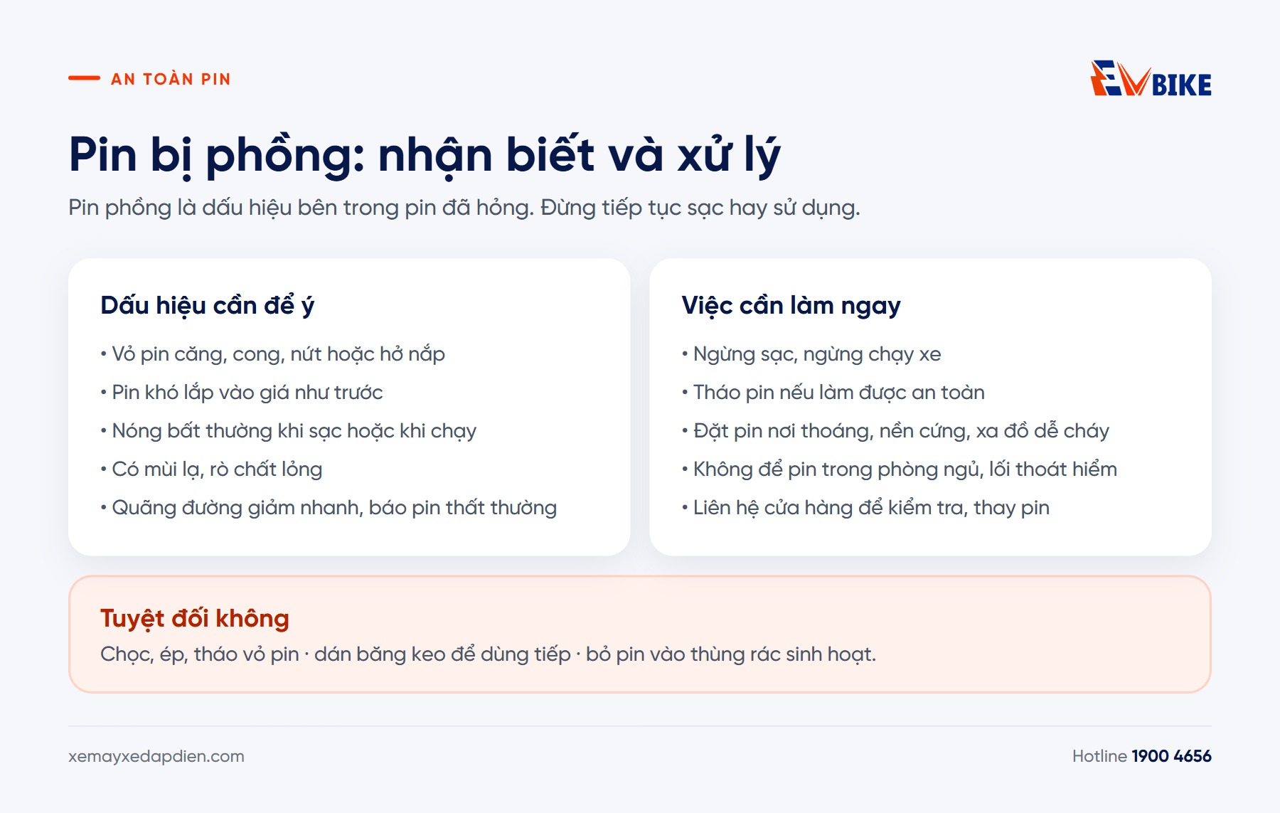 Infographic dấu hiệu pin xe đạp điện bị phồng và việc cần làm ngay