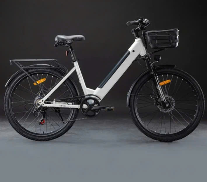 Xe đạp trợ lực điện kiểu xe phố khung thấp có giỏ và baga
